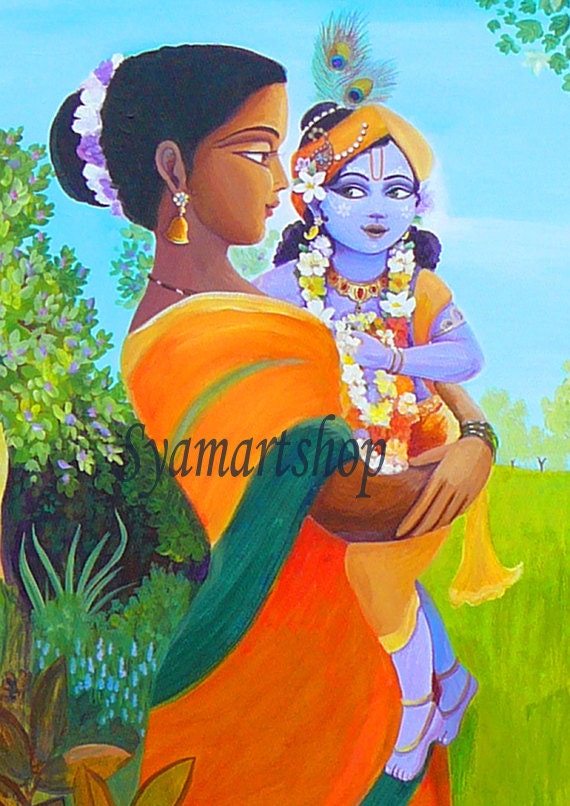 Art reproduction, acrylic painting print, devotional art, mother and child, Krishna Yasoda, India, sacred spaces, meditation, unique gift