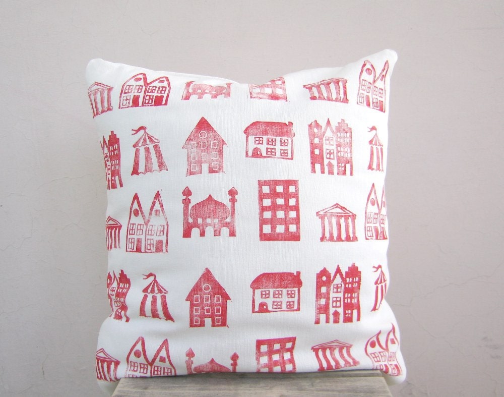 Decorative throw pillow little houses in red and white - hand printed pillow cover, kids or nursery cushion
