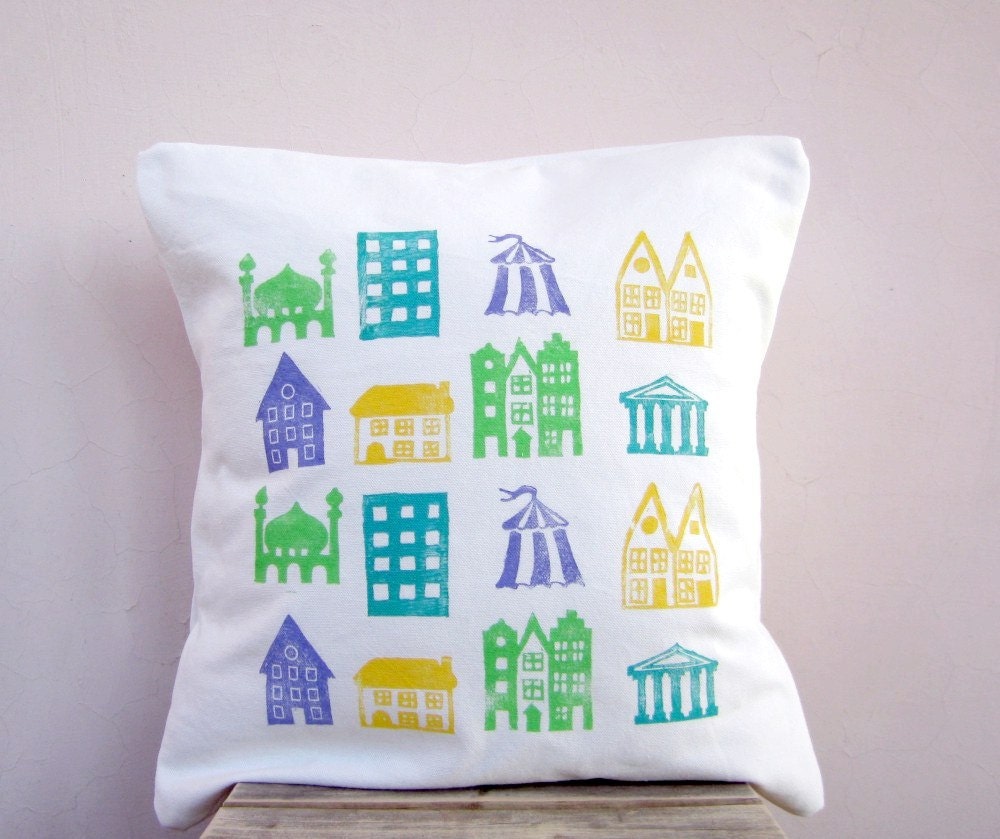 Aqua throw pillow - little houses printed in aqua on white cotton pillow cushion cover, great nursery decor