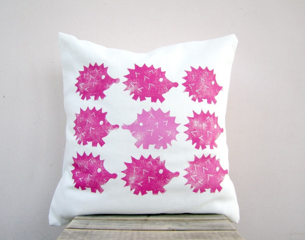 Pink decorative pillow - hedgehog print in raspberry hot pink, eco friendly  kids or nursery pillow
