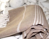 High Quality Hand Woven Turkish Cotton Bath,Beach,Pool,Spa,Yoga,Travel Towel or Sarong-Peshtemal-White Stripes on Brown