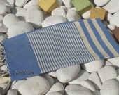High Quality Hand Woven Turkish Cotton Hand,Head,Tea Towel or Unisex Neck Warmer-Natural Cream Stripes on Salior Blue