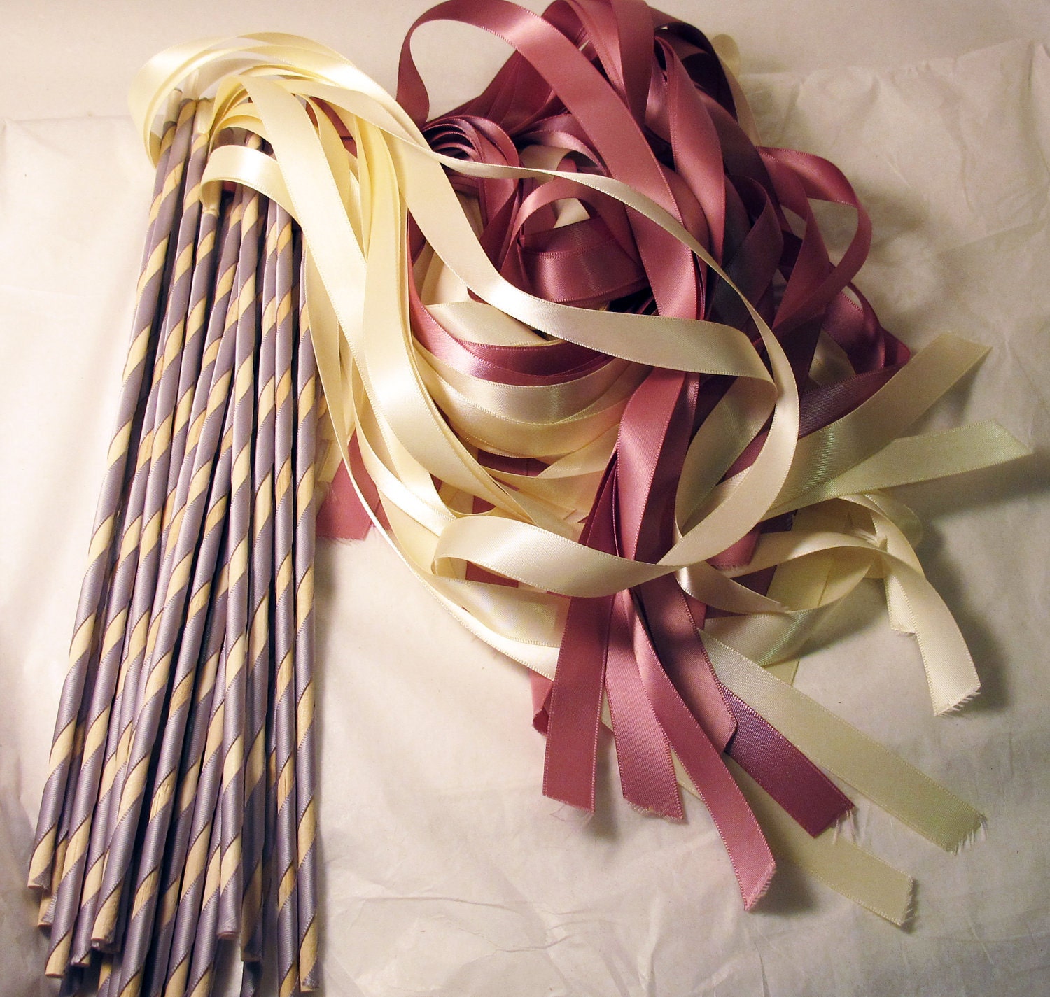 Enchanted Wedding Ribbon Wands 50 Pack IN YOUR COLORS (shown in blush pink and ivory with silver)
