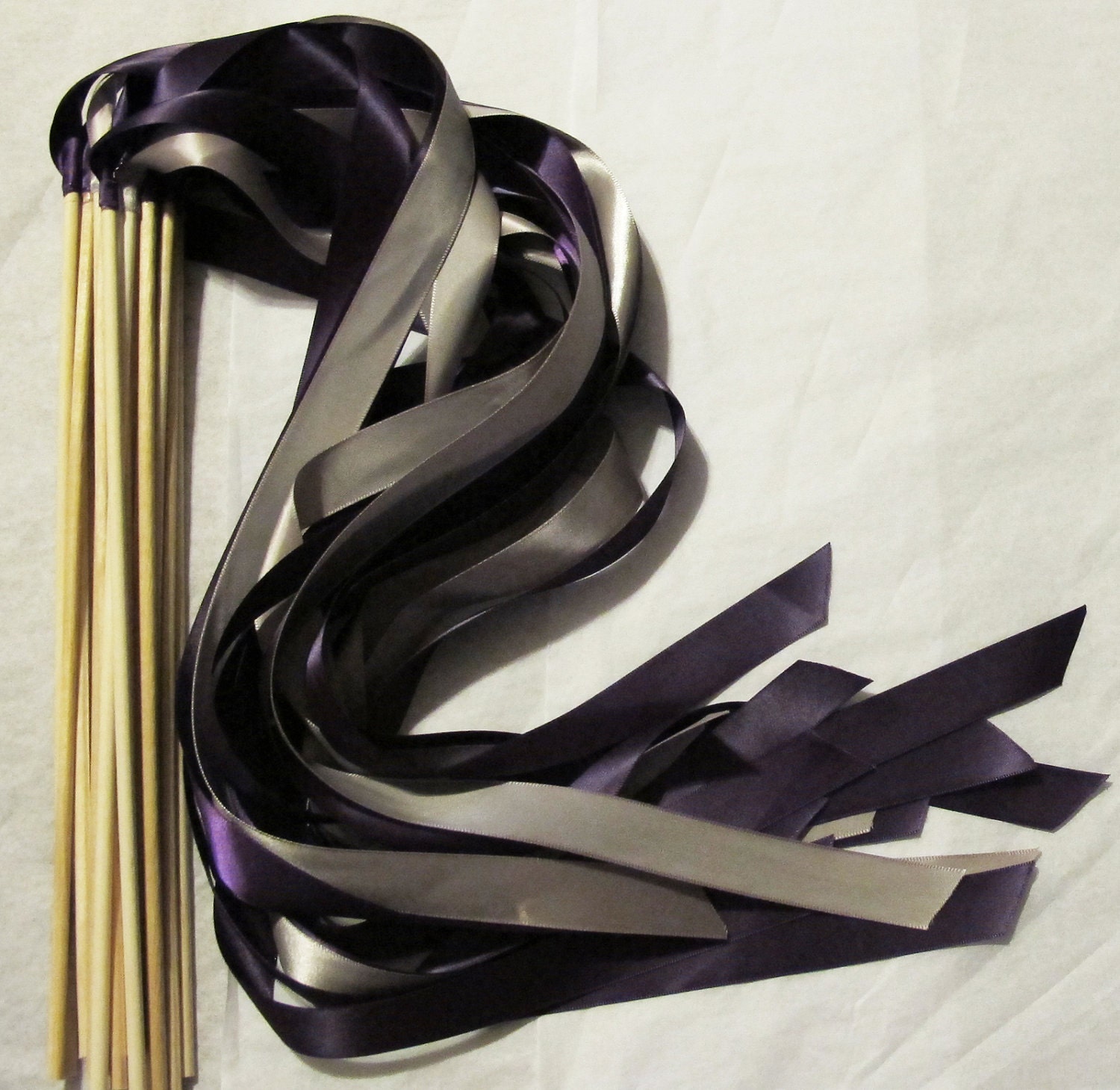 Satin Wedding Ribbon Wands - Custom Colors - Pack of 100 - Shown in Plum Purple and Silver