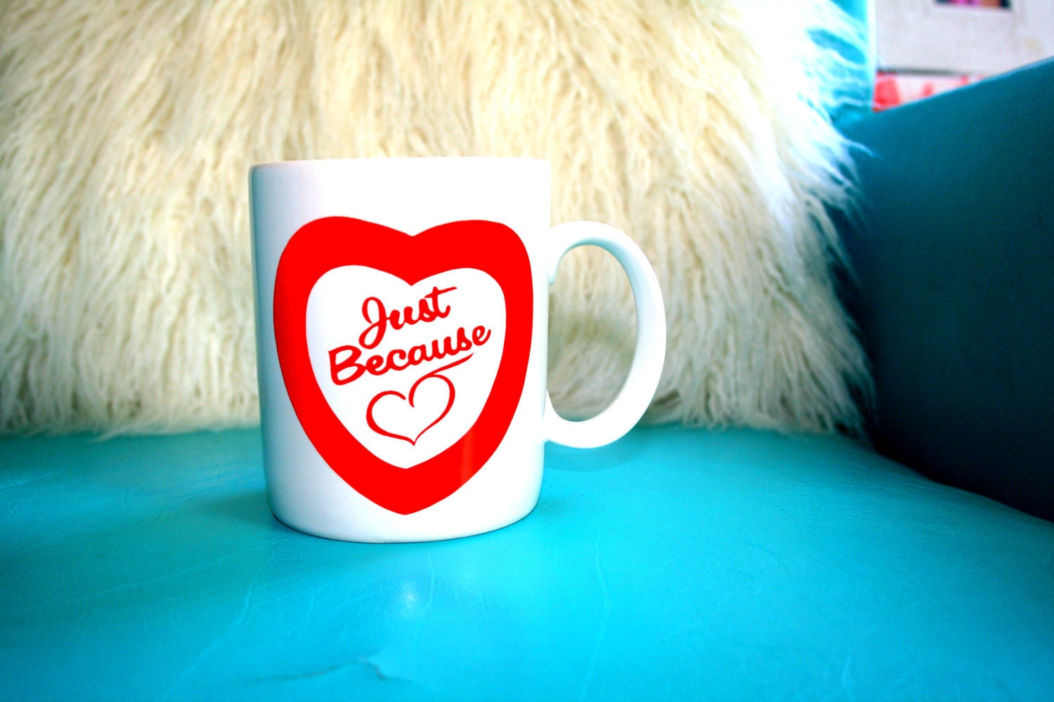 1987 JUST BECAUSE Love Red and White Coffee Tea Ceramic Mug.....lovely sweet retro fun housewares.....i love you