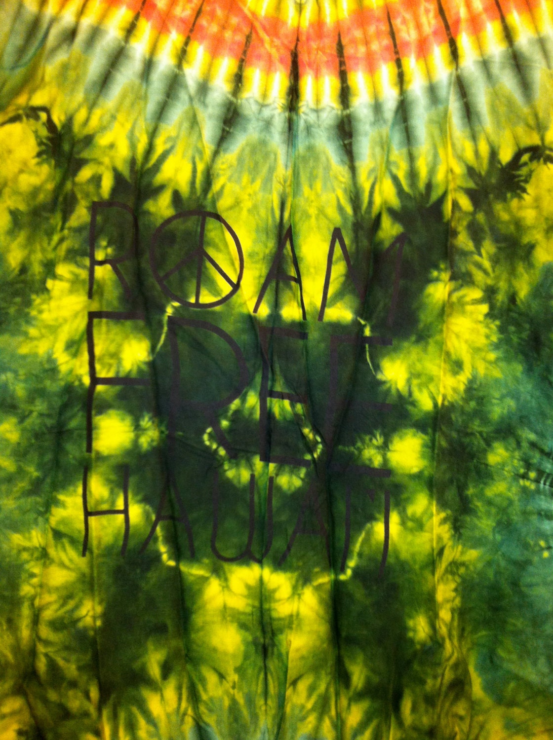 ROAM FREE HAWAII screened Jungle Green with yellow and shades of red tie dye shrug