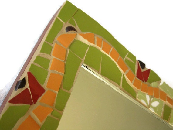 Mirror Green Orange Mosaic Ceramic tile Red flowers Art home decoration wall hanging