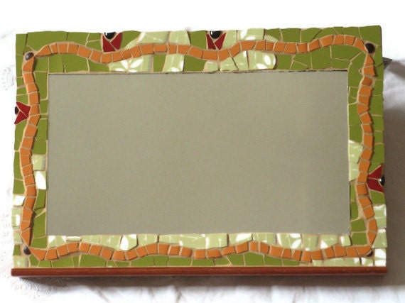 Mirror Green Orange Mosaic Ceramic tile Red flowers Art home decoration wall hanging
