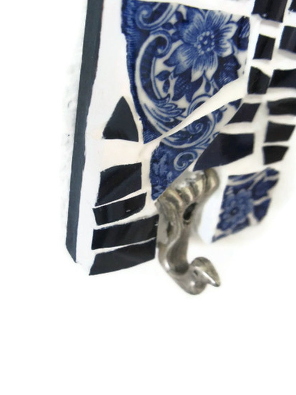 Key holder Blue White Mosaic Wall Hanging Hook Broken china Swirl Decorative Bird metal hook