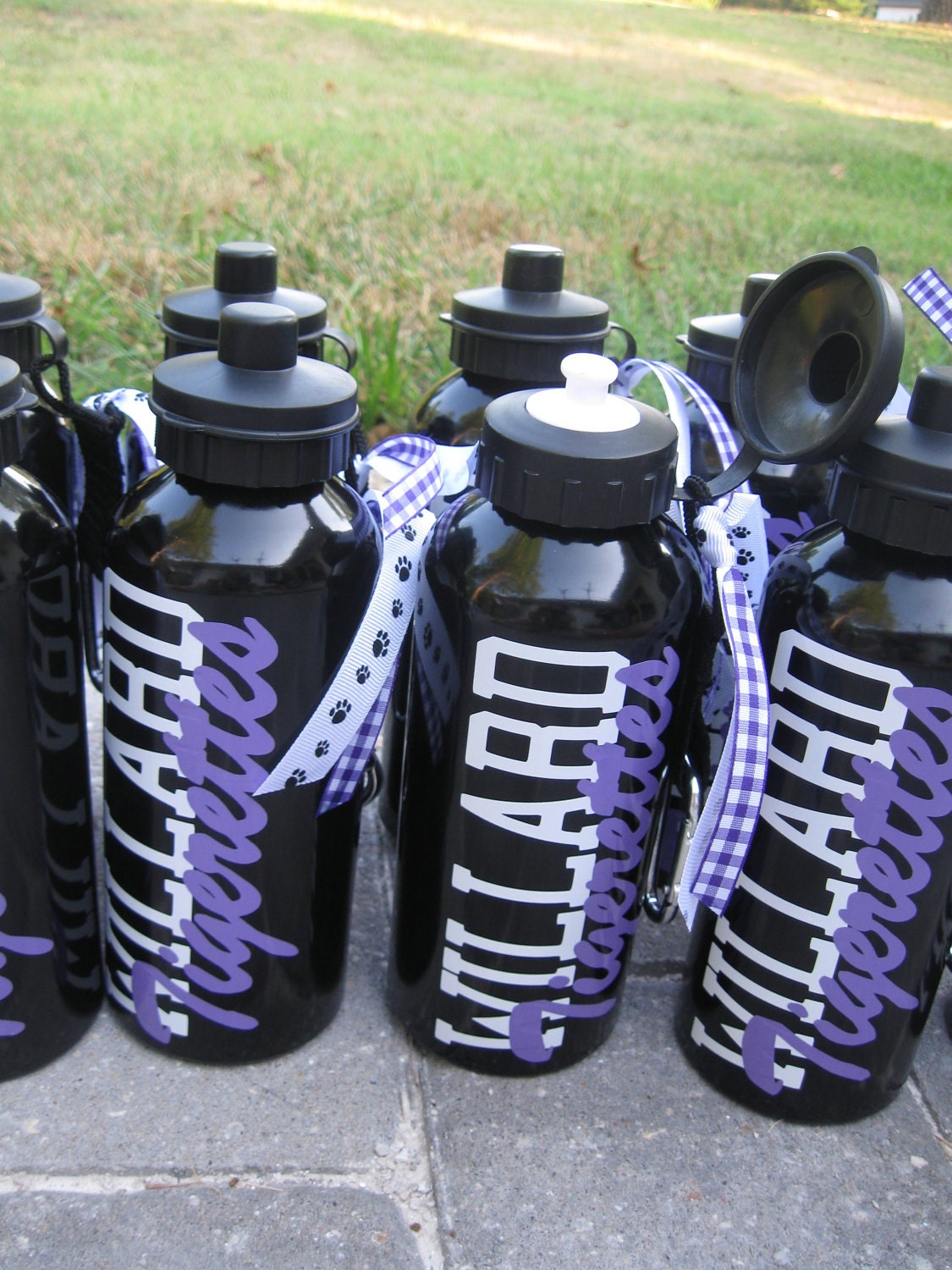 Personalized aluminum water bottle with screw on lid and clip on carabiner - school or sport team and name, more colors available