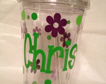 Now in 20 oz - Personalized acrylic tumbler w/ lid - name or monogram, polka dots & flowers - Great Mother's Day gift