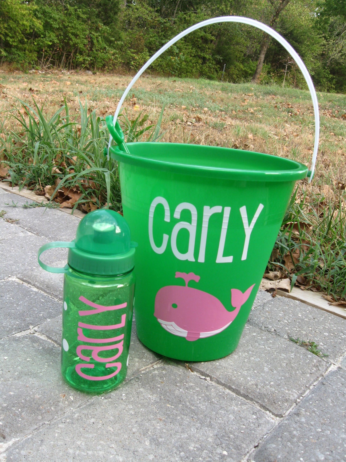 Gift set-Personalized beach bucket with shovel and matching water bottle - name or monogram, ladybug or any design