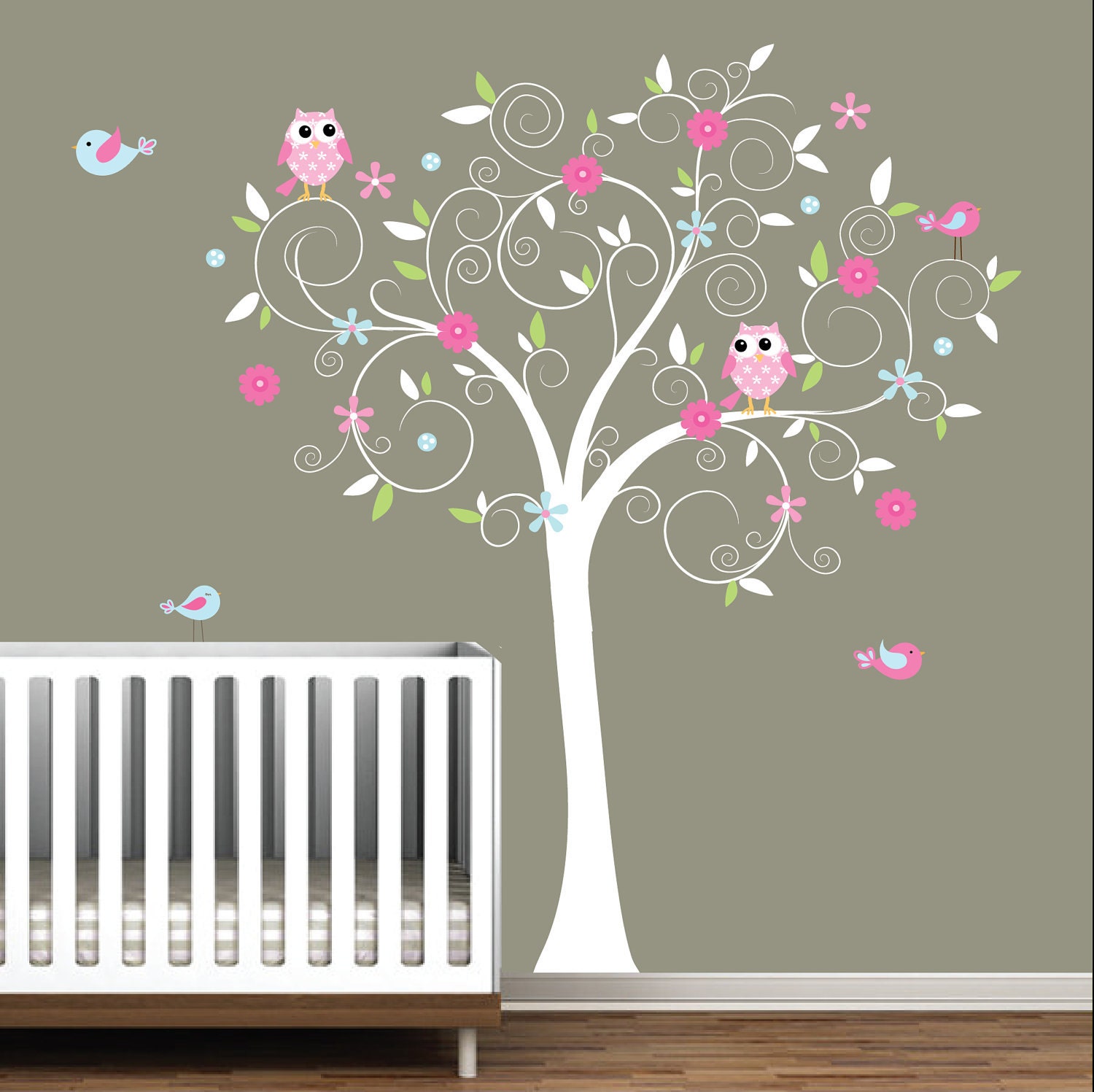Children Vinyl Wall Decals Nursery Tree Decal with Flowers Birds Owl