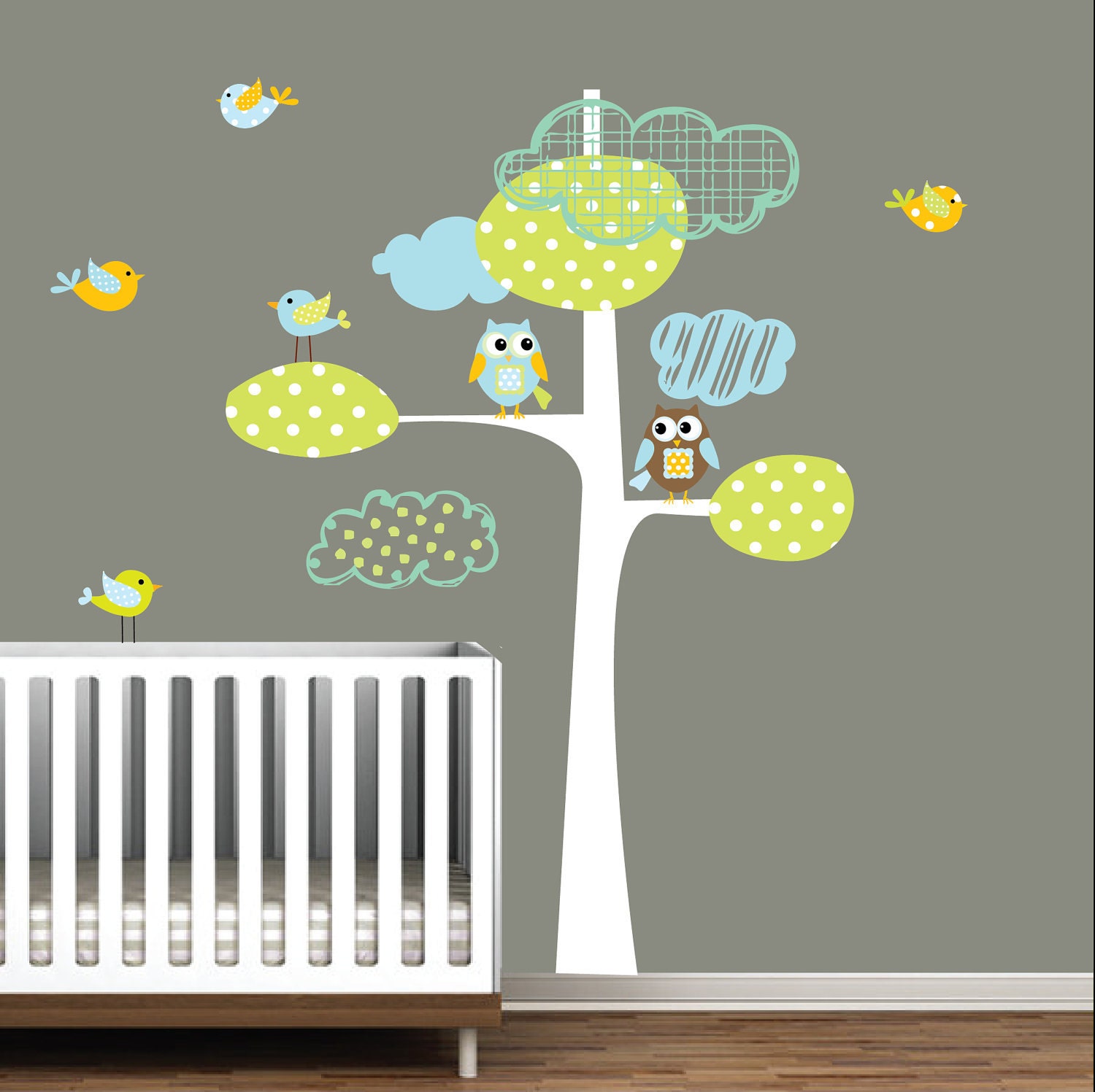 Vinyl Wall Decal Tree with Owls Birds Children Nursery Decals