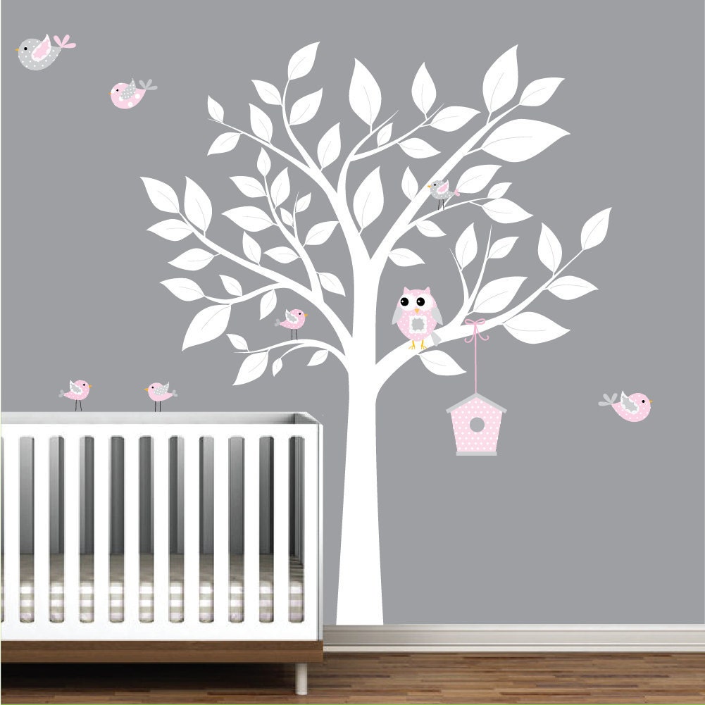 Nursery wall decal - white Tree & with Birds/bird house - Wall Decal