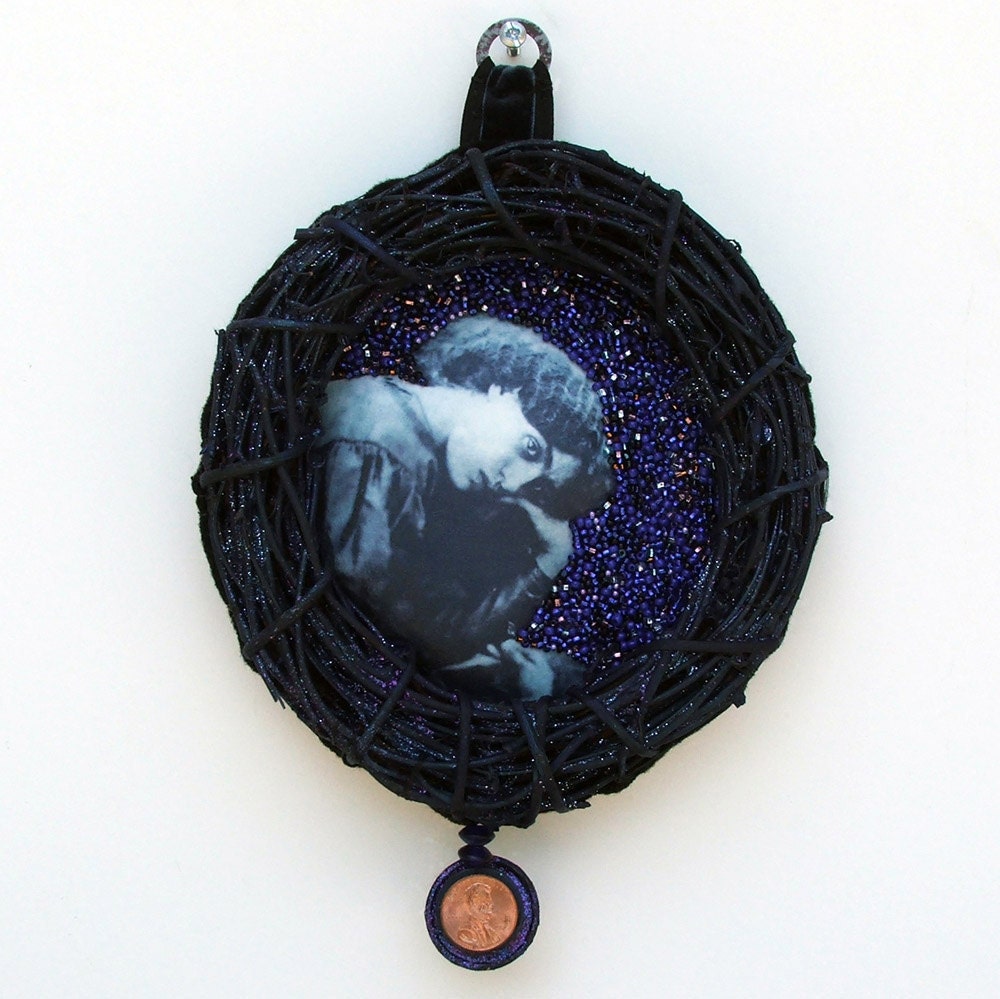 beaded wreath - A Penny For Your Thoughts (Jane Burden Morris) - Pre-Raphaelite, muse, meditation, cobalt blue, wall art, penny art