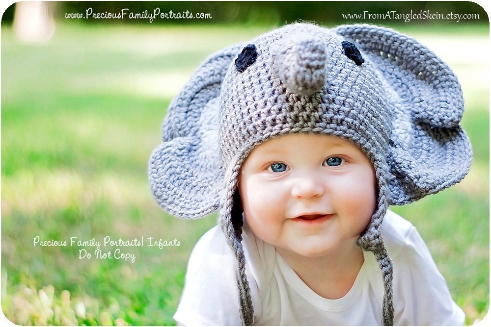 FREE SHIPPING Edgar Elephant Earflap Hat - Sizes Newborn, 3-6 mo, 6-12 mo, 1-2yrs, 3-10yrs