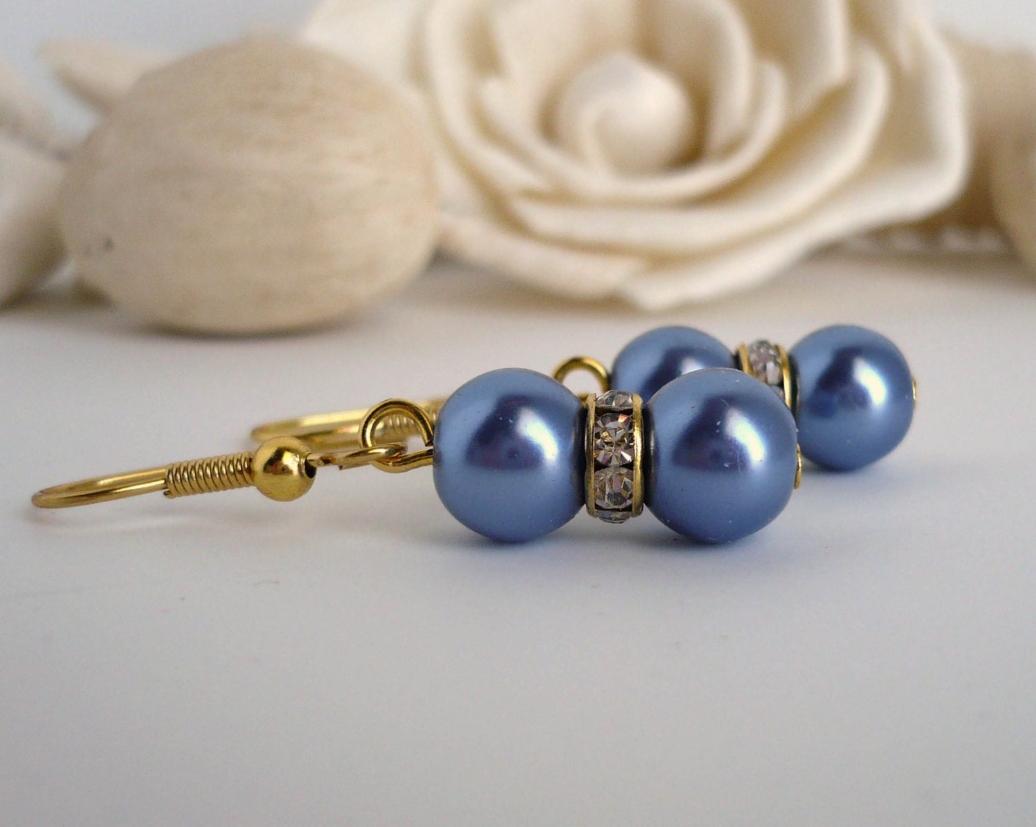Blue Bridesmaid Earrings - "The Original" - Blue Pearls and Crystal Spacers with Gold Accents