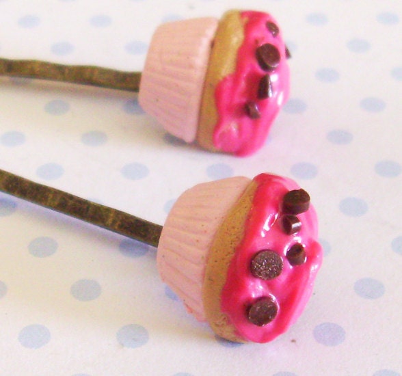 Cupcake Bobby Pins- Set of Two Cupcake Hairpins-- Hot Pink Chocolate Sprinkle Cupcakes