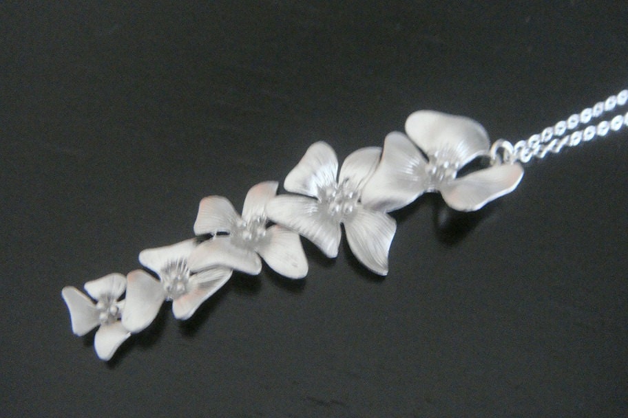 Sterling Silver Matte Cascading Orchid Flower  Necklace Earrings Bridal Bridesmaids Special Ocassion Birthday Christmas