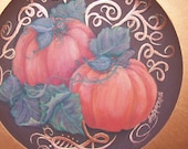 Thanksgiving autumn fall holiday season, hand-painted, decorative, charger style plate, harvest pumpkins w/ a 1 3/4" golden, copper border.