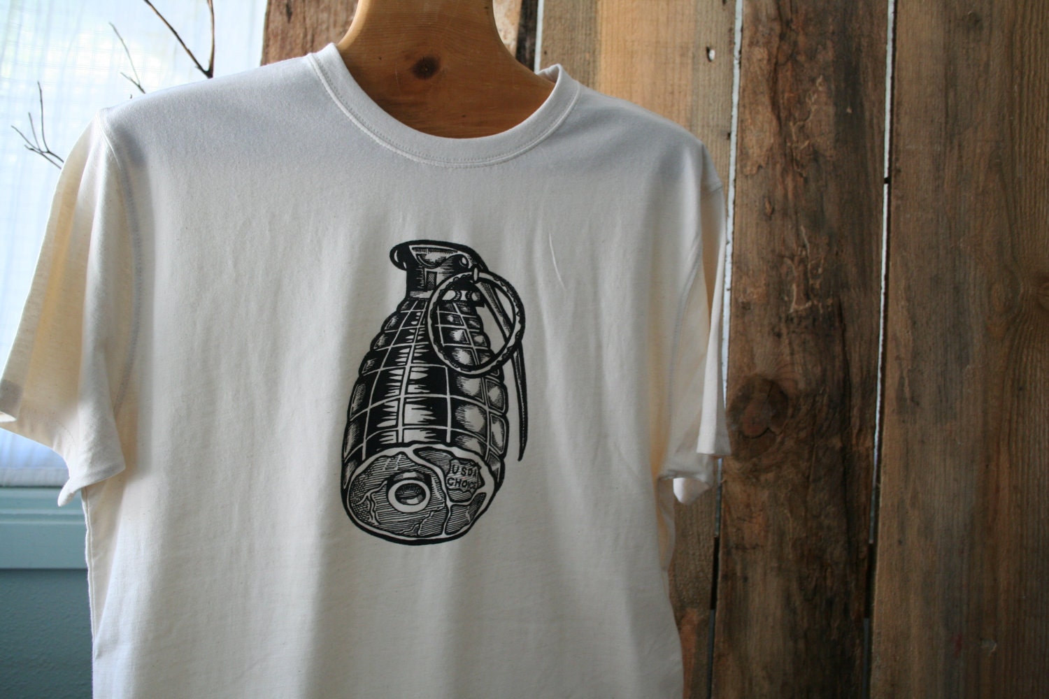 Ham Grenade Screen Printed Tshirt Natural White Organic Cotton size X Large