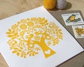 Mothers day Spring, Letterpress Summer Sunshine Card Scandinavian Folk Style yellow mustard Tree of Life made in Australia
