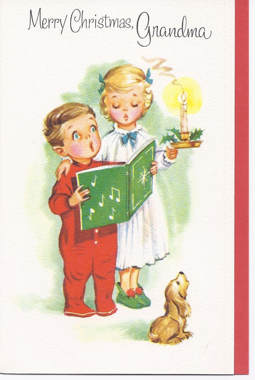 C101 Vintage Greeting Card Boy and Girl singing in PJ's