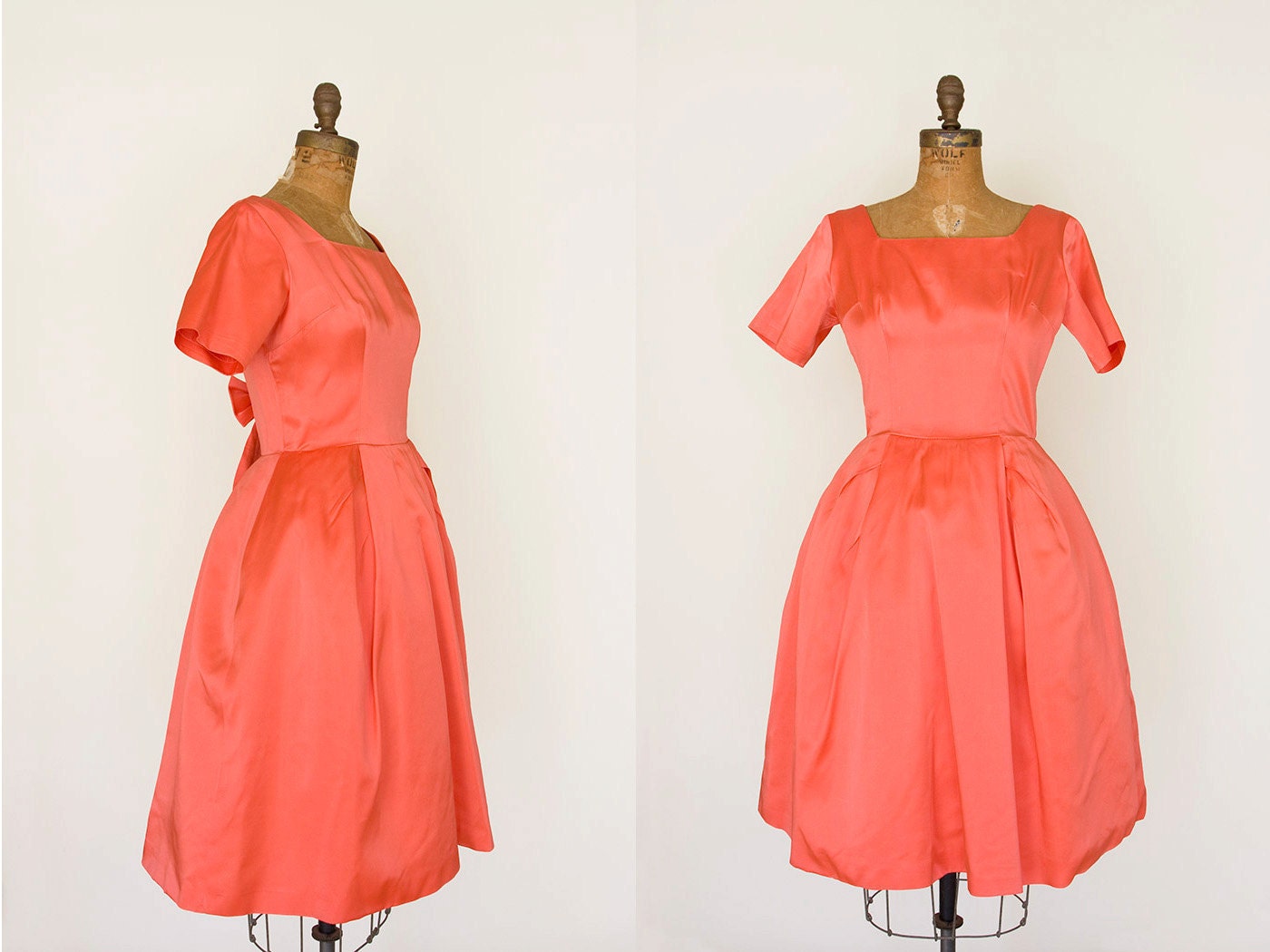 1950s Dress - 50s Dress - Melon Satin Party Dress