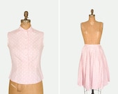 1950s Dress - 50s Top And Skirt Set - Pink And White Polka Dot Top And Skirt