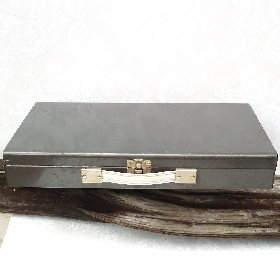 Vintage Metal Box  Industrial Storage  Grey Metal Box  Slide Storage Box - WhimzyThyme