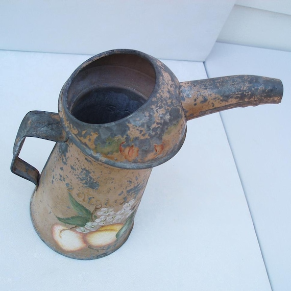 Galvanized Watering Can, Old Oil Can, Industrial Chic, Metal Container, Peach Decor, Pear Art