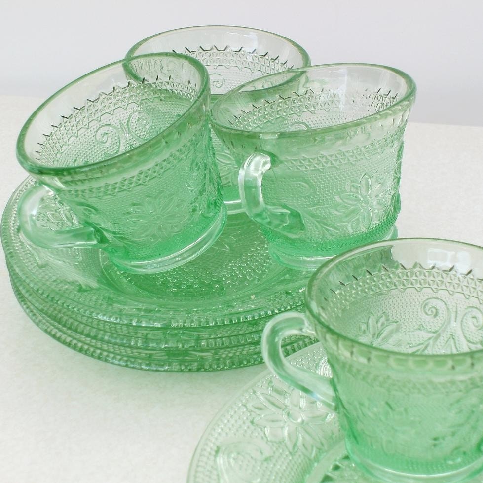 Green Depression Glass, Depression Glass, Green Glass Plates and Cups
