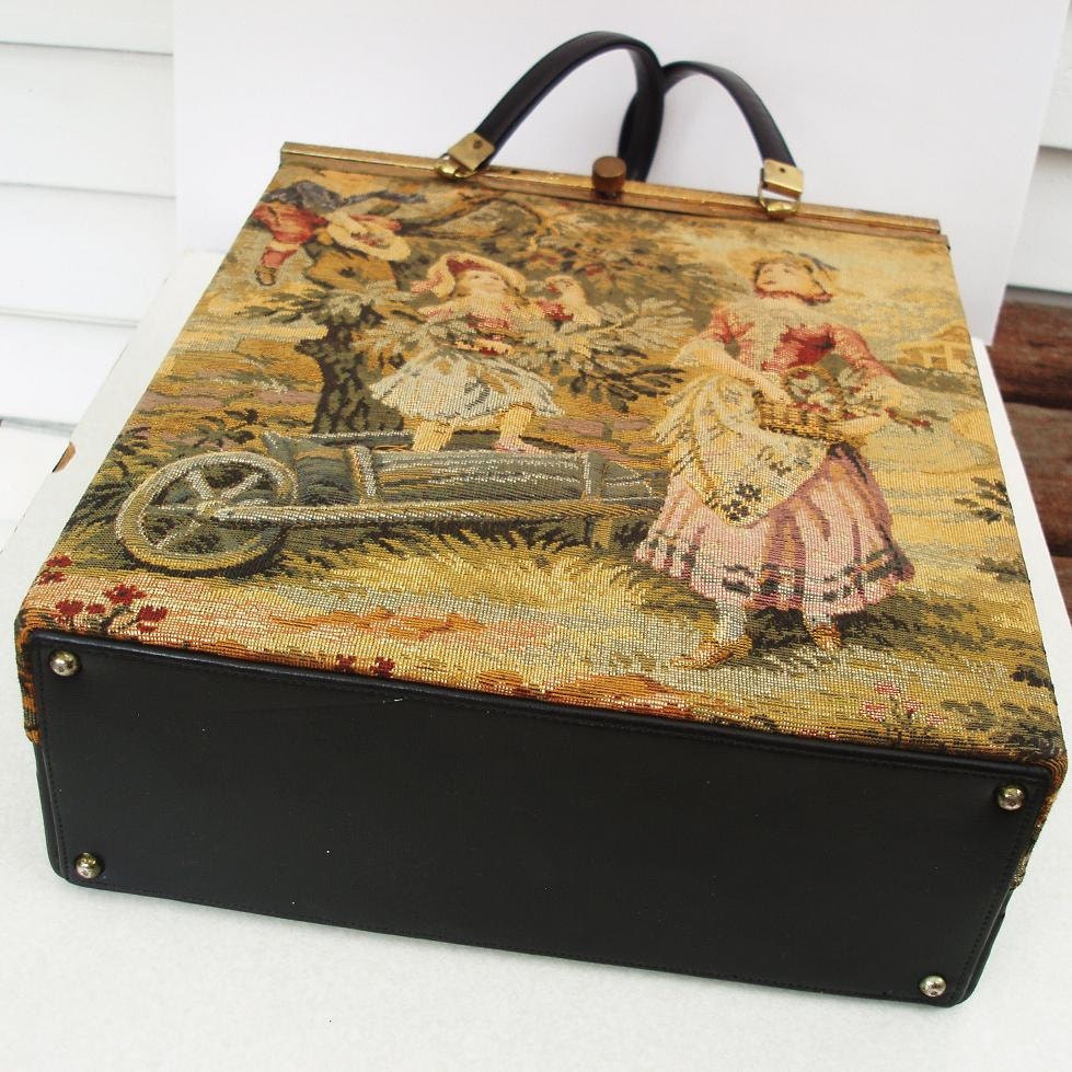 Tapestry Handbag, Travel Bag, Large Ladies Purse, Vintage Briefcase, Black Ladies Case / SALE