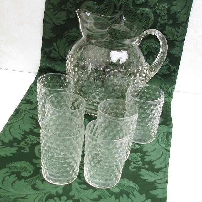 Hobnail Glass Pitcher, Hobnail Glasses, Vintage Glassware, Pitcher and Glasses
