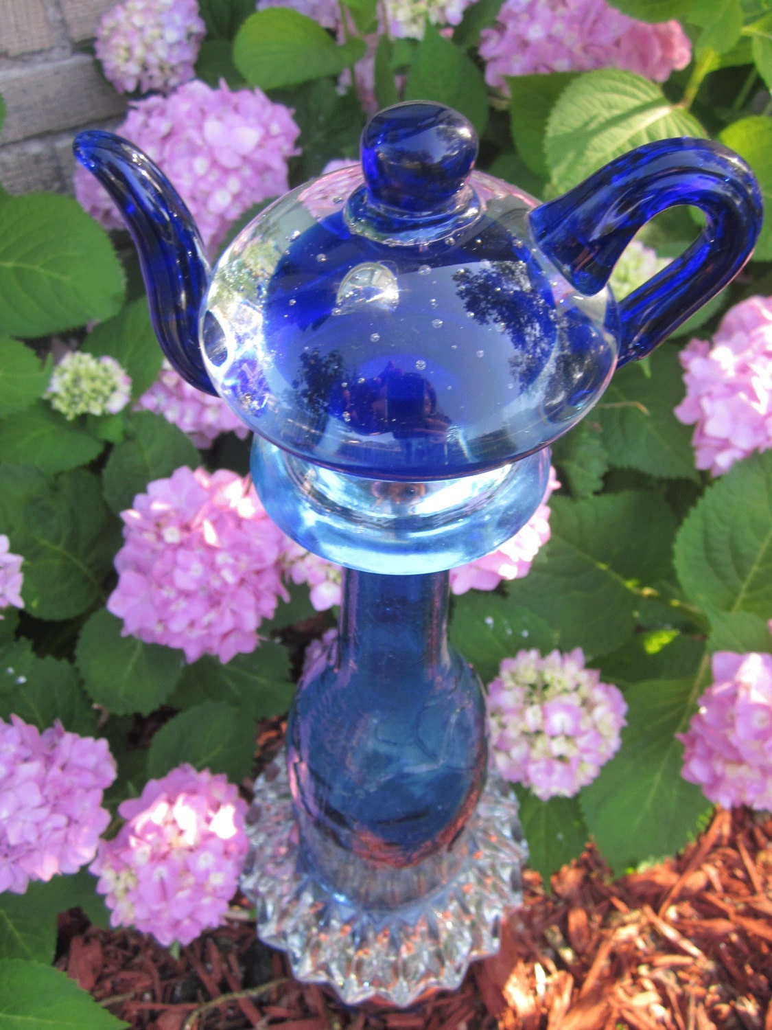 Glass Yard Art Totem Sculpture Royal Blue Teapot Design