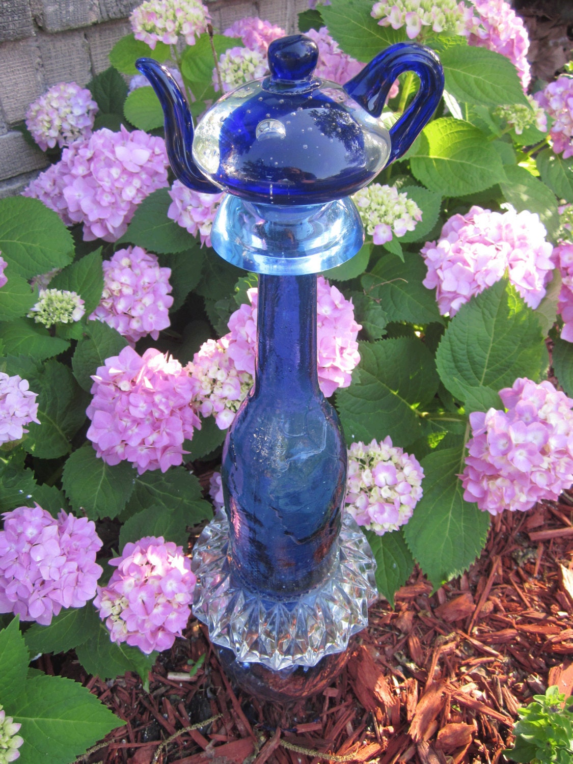 Glass Yard Art Totem Sculpture Royal Blue Teapot Design
