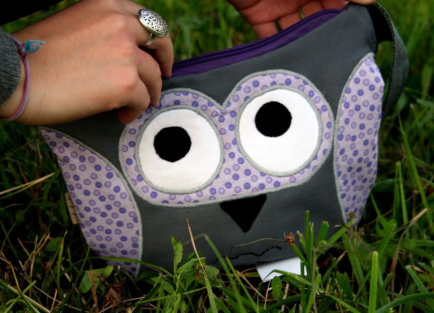 Owl fanny pack , belt bag, waist purse, grey lilac purple polka dot - ready to ship