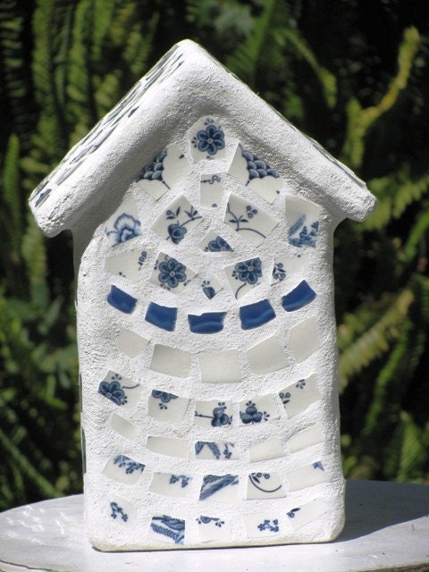 Vintage Blue and White English Transferware 2-Hole Mosaic Birdhouse - Decorative Birdhouse, Vintage China, Hand Made, Treasury Item