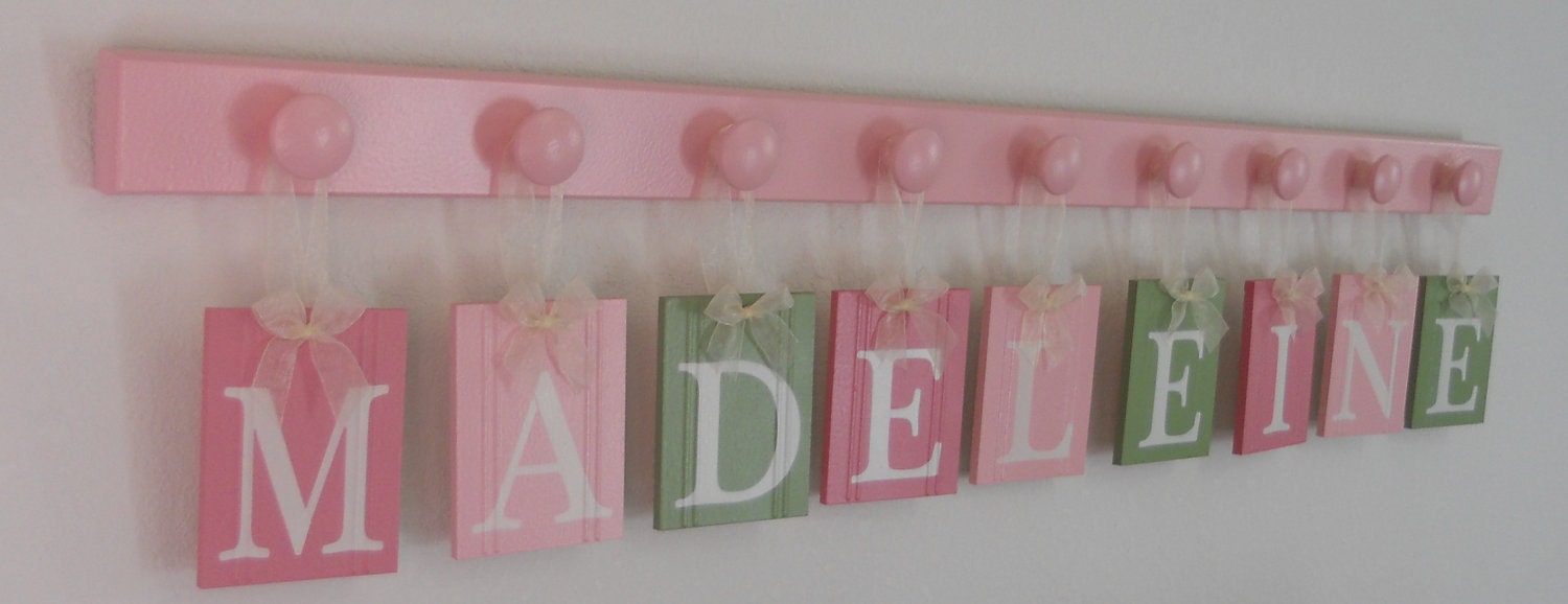 Nursery Room Decor Letters for the Wall.  Set includes Name Letters MADELEINE and 9 Hooks Pastel Green and Pinks