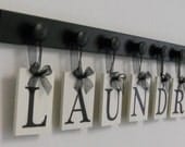 Laundry Room Wall Decor Personalized Hanging Letters includes Wooden 7 Hook Hangers and Letters LAUNDRY in Black