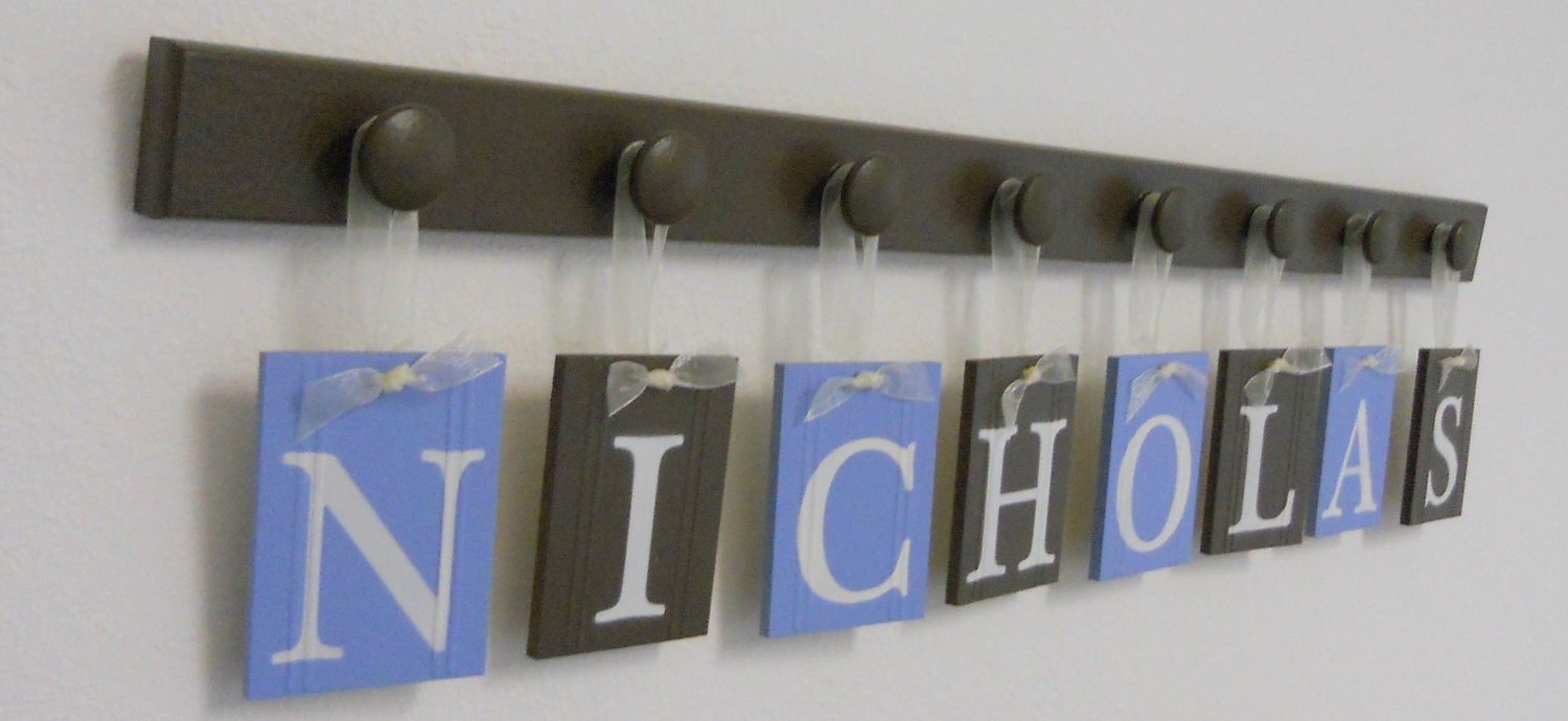 Personalized Wall Letters Custom Name Monogram Sets includes 8 Wooden Pegboard and Letters Chocolate Brown and Light Blue - NICHOLAS