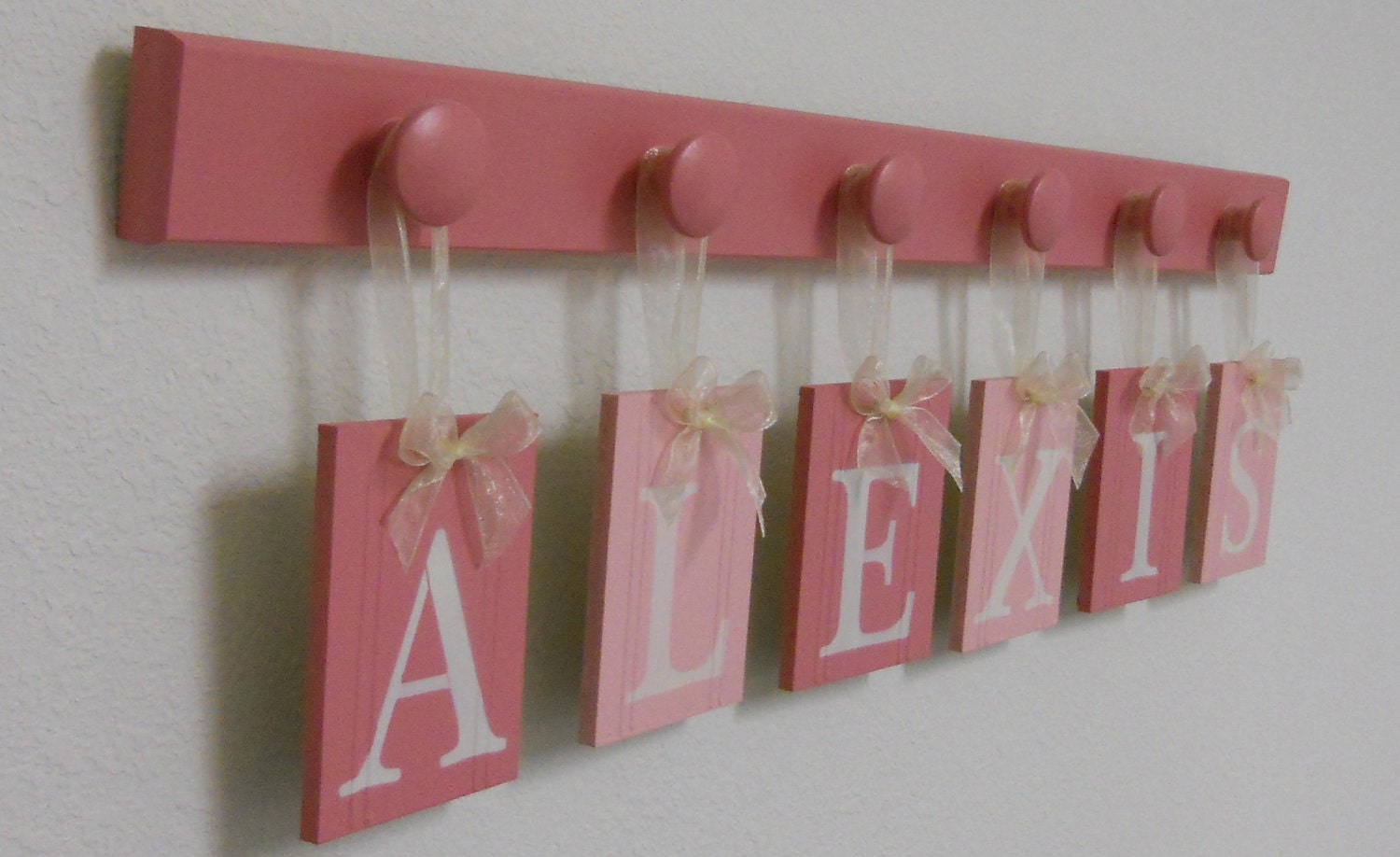 Baby Girl Name Wall Hanging Sign Set Includes 6 Wooden Hooks Painted Pinks and Light Pink. Custom Hanging Letters - ALEXIS