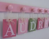Children Decor Names, Baby Nursery Wooden Wall Letters for AUDREY with 6 Peg Rack Pink and Green