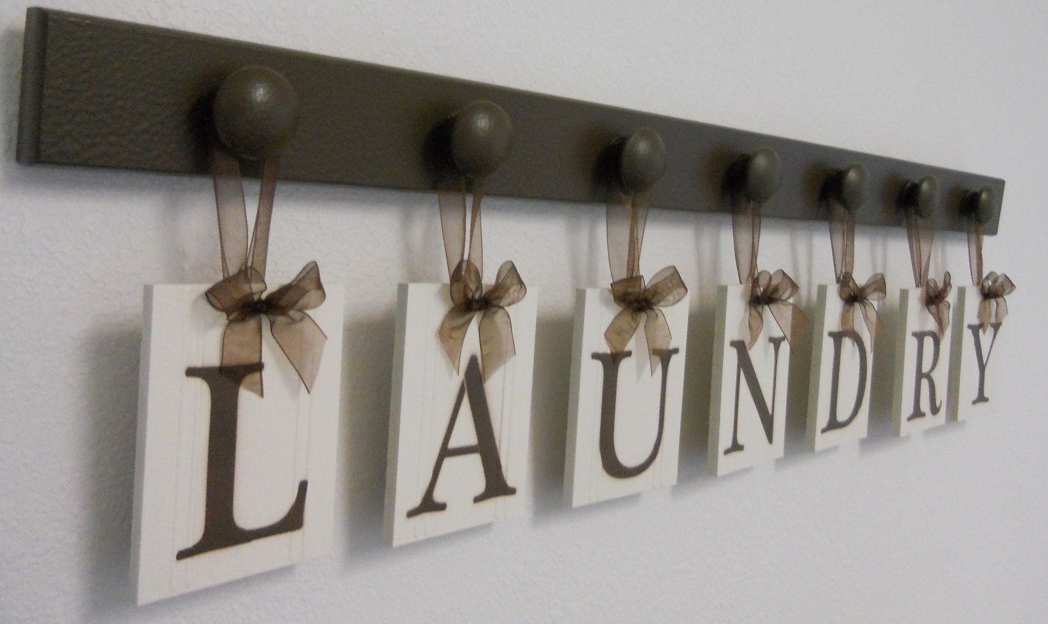 Laundry Room Wall Decor Personalized Hanging Letters includes 7 Wooden Peg Hangers and Letters LAUNDRY in Chocolate Brown
