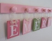 Nursery Decorations Wooden Letters. Set Includes 5 Pegs and Custom Baby Name EMERY Painted Light Green and Pinks Personalized Baby Gift