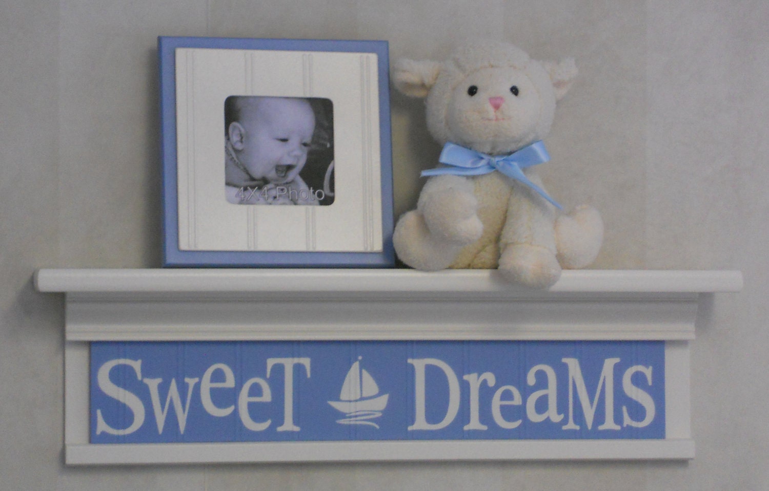 Sweet Dreams on 24" Shelf Linen White and Light Blue Sailboat Nursery Wall Art