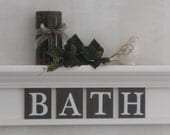 Bathroom Wall Home Decor Linen White and Chocolate Brown 24" Shelf with 4 Wooden Letter Tiles for BATH
