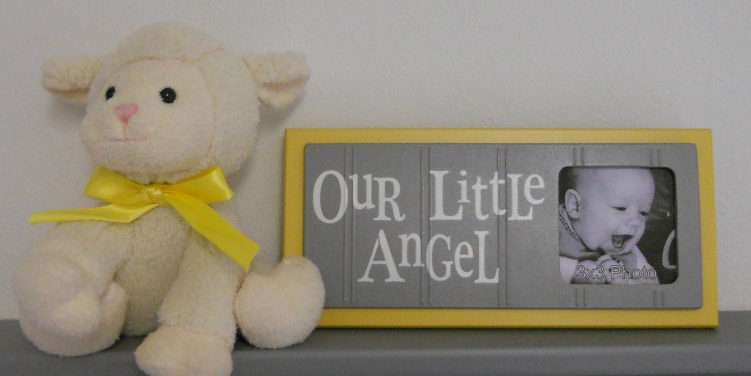 Yellow Gray Art for Baby Nursery Decor - OUR LITTLE ANGEL - Picture Frame Sign - Yellow Grey Baby Nursery
