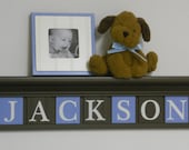 Personalized Childrens Nursery Decor 30" Shelf With 7 Letter Wooden Tiles Painted Chocolate Brown and Light Blue - JACKSON